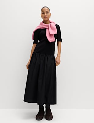 Jersey Ribbed Midi Drop Waist Dress