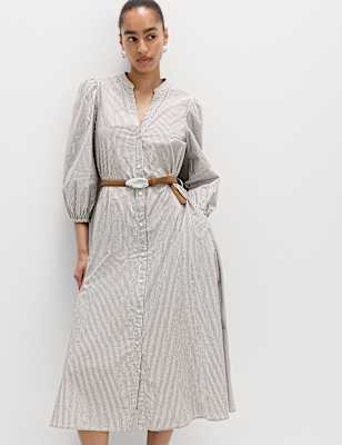 Pure Cotton Striped V-Neck Midi Shirt Dress