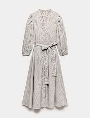 Pure Cotton Striped V-Neck Midi Shirt Dress