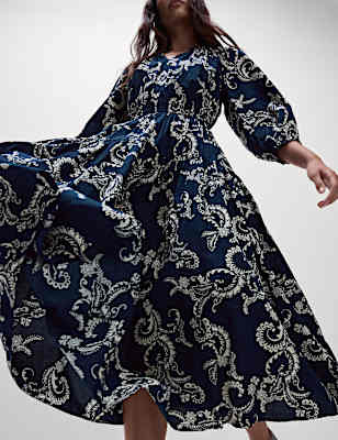 Pure Cotton Printed V-Neck Midi Waisted Dress