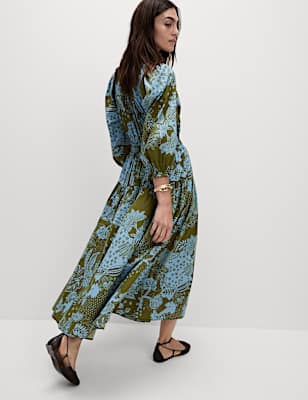 Pure Cotton Printed V-Neck Midi Waisted Dress