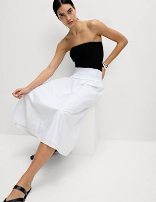 Pure Cotton Shirred Midi A-Line Skirt