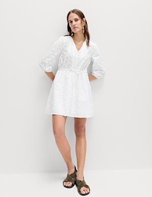 Pure Cotton Embroidered V-Neck Mini Waisted Dress