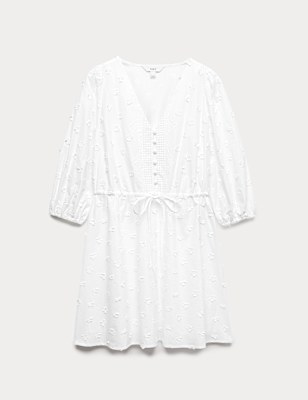 Pure Cotton Embroidered V-Neck Mini Waisted Dress