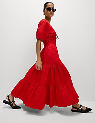 Pure Cotton Tie Neck Midaxi Waisted Dress