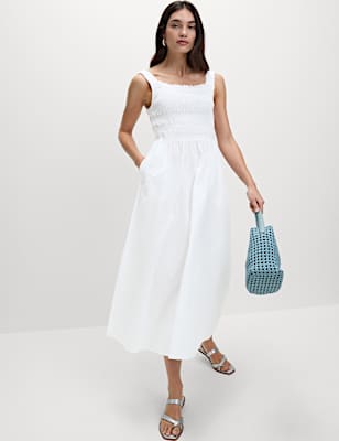 Pure Cotton Textured Midi Waisted Dress
