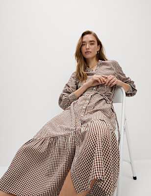 Modal Rich Checked Button Front Midi Dress