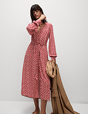 Printed V-Neck Midi Shirt Dress