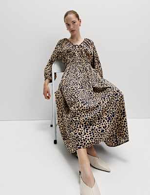 Animal Print V-Neck Ruched Midi Waisted Dress