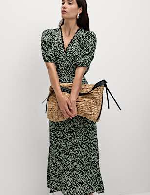 Printed V-Neck Midi Tea Dress