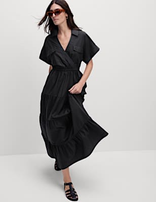 Pure Cotton V-Neck Midaxi Tiered Shirt Dress