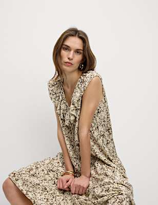 V-Neck Frill Detail Midaxi Relaxed Dress