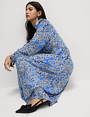 Printed V-Neck Midi Shirt Dress