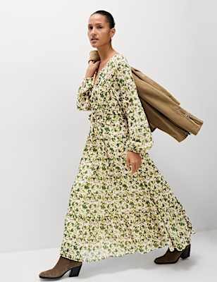 Chiffon Floral V-Neck Midaxi Waisted Dress