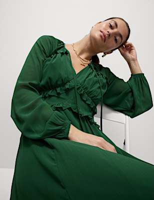 Chiffon V-Neck Ruffle Midaxi Waisted Dress