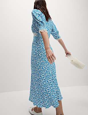 Printed V-Neck Lace Insert Midaxi Tea Dress