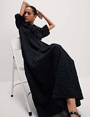 Cotton Rich Textured V-Neck Midi Waisted Dress