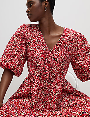 Cotton Rich Floral V-Neck Midi Waisted Dress