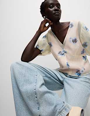 Organza Floral V-Neck Puff Sleeve Blouse