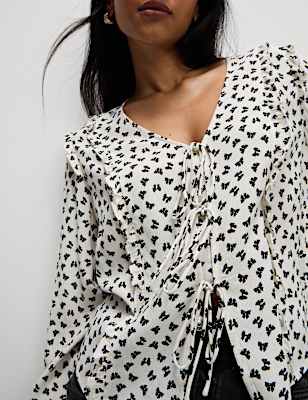 Printed Tie Front Ruffle Blouse