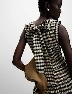 Cotton Blend Checked Shirred Top