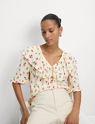 Floral Frill Neck Tie Detail Top
