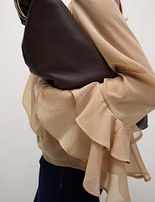 Crew Neck Ruffle Sleeve Blouse