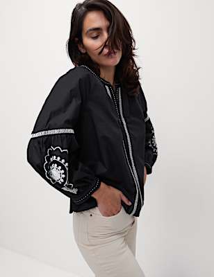 Pure Cotton Embroidered V-Neck Blouse