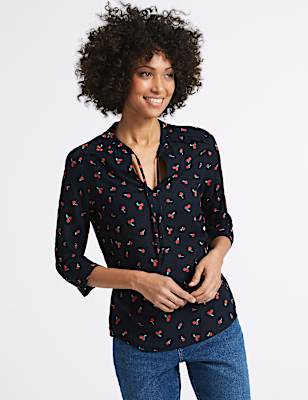 Cherry Print Notch Neck &frac34; Sleeve Blouse