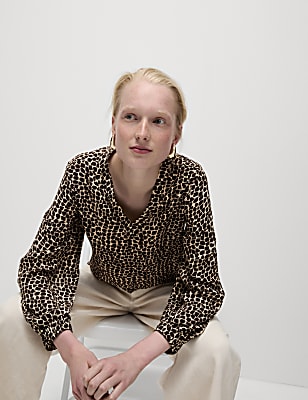 Animal Print V-Neck Popover Blouse