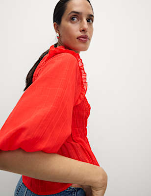 Shirred 3/4 Sleeve Button Through Blouse