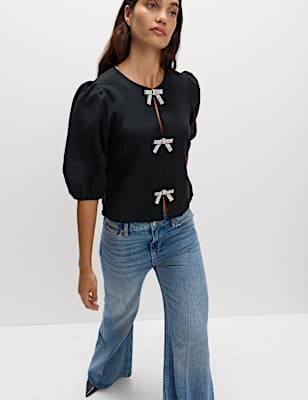 Embellished Bow Puff Sleeve Top