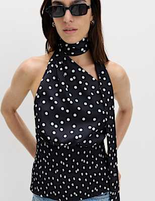 Satin Scarf Detail Shirred Top