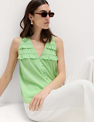 Lyocell Rich V-Neck Frill Detail Top