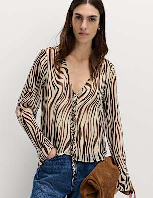 Zebra Print Tie Front Flute Sleeve Blouse