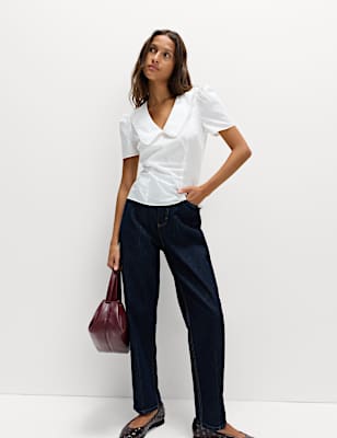 Pure Cotton Peter Pan Collar V Neck Waisted Blouse