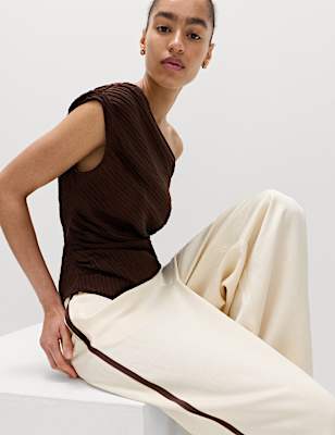 Plisse Asymmetric Neck Bardot Top