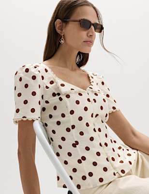 Polka Dot Lace Detail Button Through Top