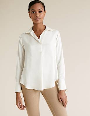 Satin Collared V-Neck Long Sleeve Blouse