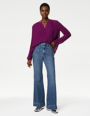 Pleated Tie Neck Popover Blouse