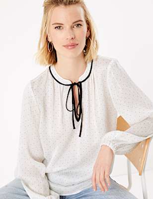 Polka Dot Tie Neck Long Sleeve Blouse