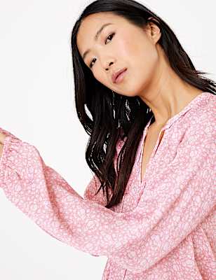 Ditsy Floral Tie Neck Blouson Sleeve Blouse