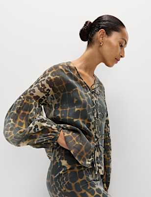 Organza Animal Print V-Neck Tie Front Top