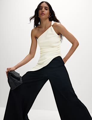 Ruched Hardware Detail Asymmetric Neck Top