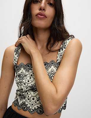 Pure Cotton Broderie Slim Fit Crop Top
