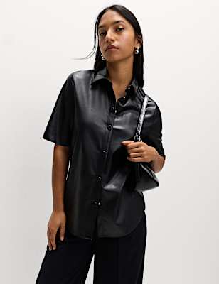 Faux Leather Collared Button Through Shirt