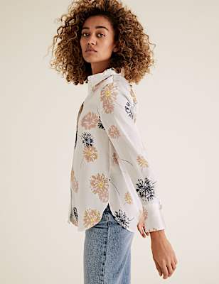 Satin Dandelion Print Long Sleeve Shirt