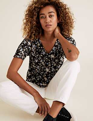 Floral V-Neck Flutter Sleeve Blouse