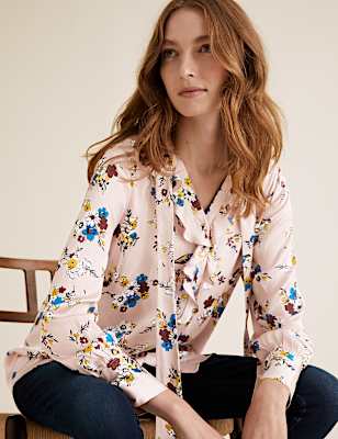 Satin Floral Tie Neck Ruffle Blouse