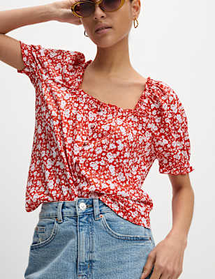 Printed Square Neck Puff Sleeve Blouse